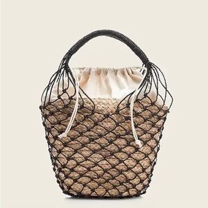 J crew raffia bag black handle and netting NWT